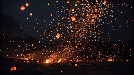 Individual glowing embers suspended in the air against a dark background, burning elements, glowing ember, intense heat