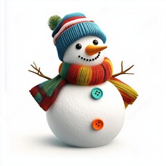 A snowman with a carrot nose, twig arms, and a striped scarf, isolated on a bright white background