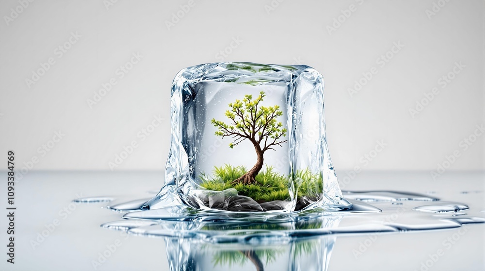 Aufkleber a close-up of a melting ice cube with a miniature tree trapped inside, placed on a reflective surfac
