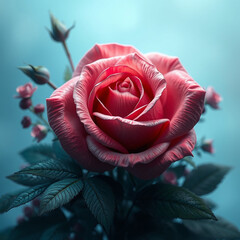 Close-up of a pink rose with green leaves.