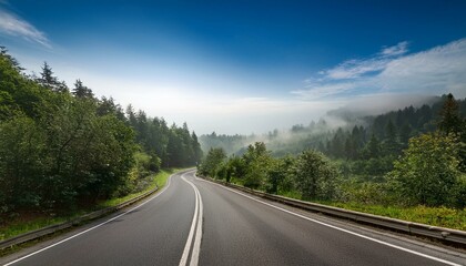 Scenic winding road through lush green forest on a misty morning.