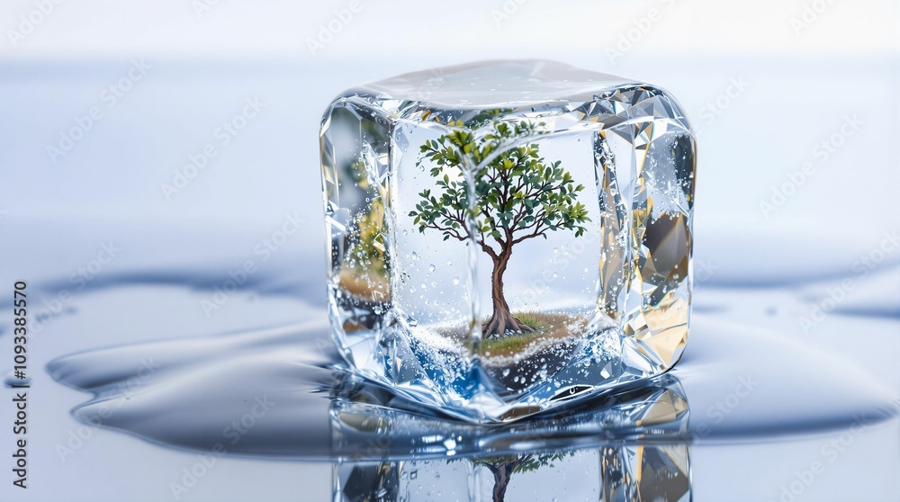 Poster A close-up of a melting ice cube with a miniature tree trapped inside, placed on a reflective surface