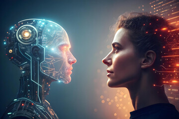 A split-frame image symbolizing the dual nature of AI, with one half depicting a glowing futuristic robot head made of circuits and the other a vibrant human face 