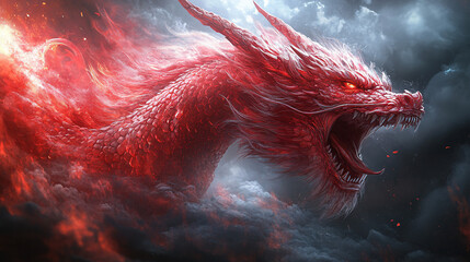 A fierce red dragon roaring against a dark abstract background, perfect for Chinese New Year celebrations, fantasy art projects, or themed events.