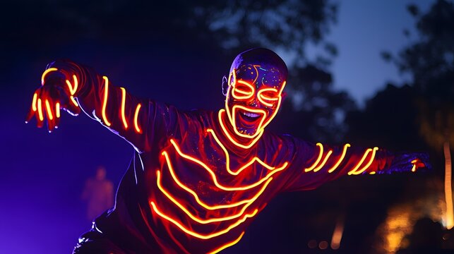 A person covered in neon body paint, dancing ecstatically. 