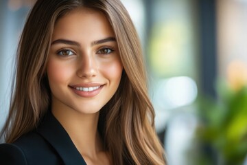 Obraz premium Close-up headshot Confident European young woman, good looking teenager, middle aged leader, businesswoman, CEO on blurred office background. Beautiful young European businesswoman smiles at thecamera