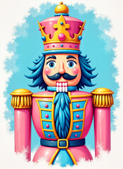 Colorful, stylized nutcracker figure. He is wearing a vibrant pink and gold uniform with blue accents, along with a gold crown adorned with ornaments. He is smiling.