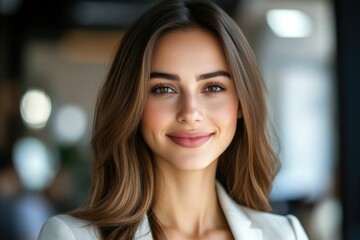 Naklejka premium Close-up headshot Confident European young woman, good looking teenager, middle aged leader, businesswoman, CEO on blurred office background. Beautiful young European businesswoman smiles at thecamera