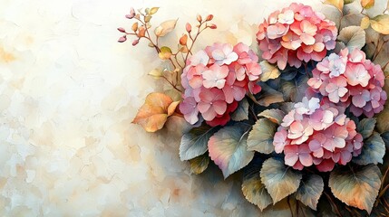 A delicate painting of pink hydrangeas with soft leaves against a light background.