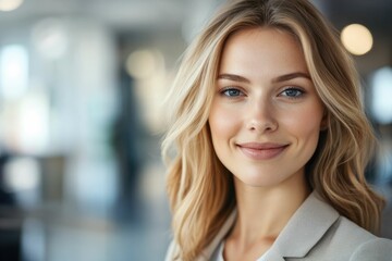 Fototapeta premium Close-up headshot Confident European young woman, good looking teenager, middle aged leader, businesswoman, CEO on blurred office background. Beautiful young European businesswoman smiles at thecamera