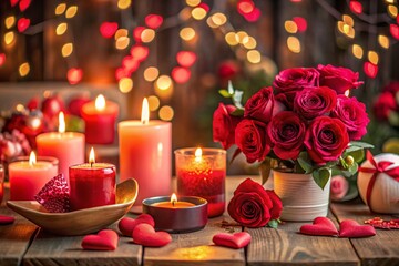 Romantic Valentine's Day Scene Featuring Spanish Love Quotes with Amorous Elements and Copy Space for Textual Enhancements