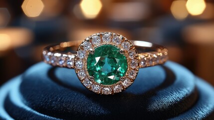 A stunning emerald ring surrounded by sparkling diamonds, showcasing elegance and luxury.