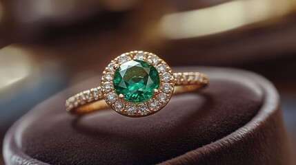 Fototapeta premium A stunning gold ring featuring a central emerald surrounded by sparkling diamonds.