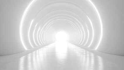 Obraz premium Abstract White Futuristic Tunnel with Glowing Lights and Bright Light at End of Corridor