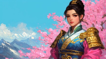 Fototapeta premium Warrior woman under cherry blossoms mountain landscape digital art fantasy vibrant colors