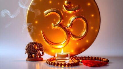 Radiant Om Symbol with Candle and Elephant Figurine