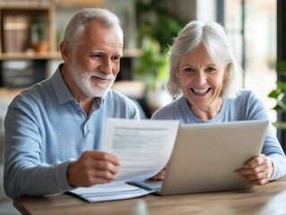 Joyful elder couple enjoying a moment of discovery while working together at home