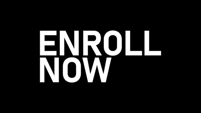 Enroll now Kinetic Warp Text Animation on black background. 4K footage motion video