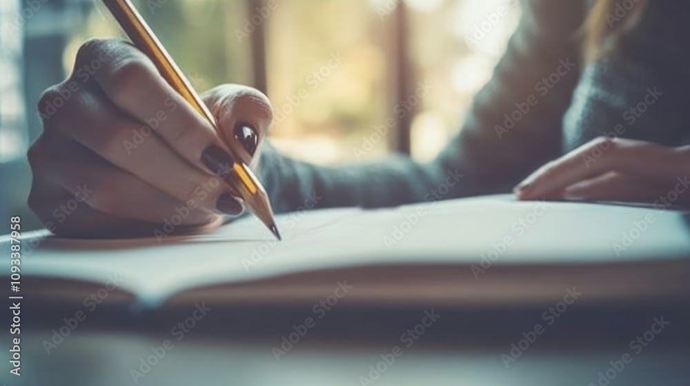 Poster close-up of a hand writing in a notebook with a pencil