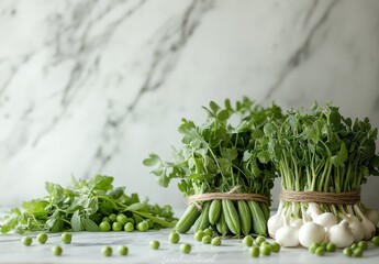 Fresh Green Vegetables Including Peas and Onions Arranged on a Marble Background Perfect for Healthy Cooking, Organic Food, and Culinary Inspiration Photography