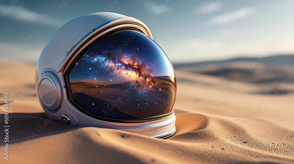 Aufkleber Astronaut helmet in the desert. 3d rendering. Computer digital drawing.