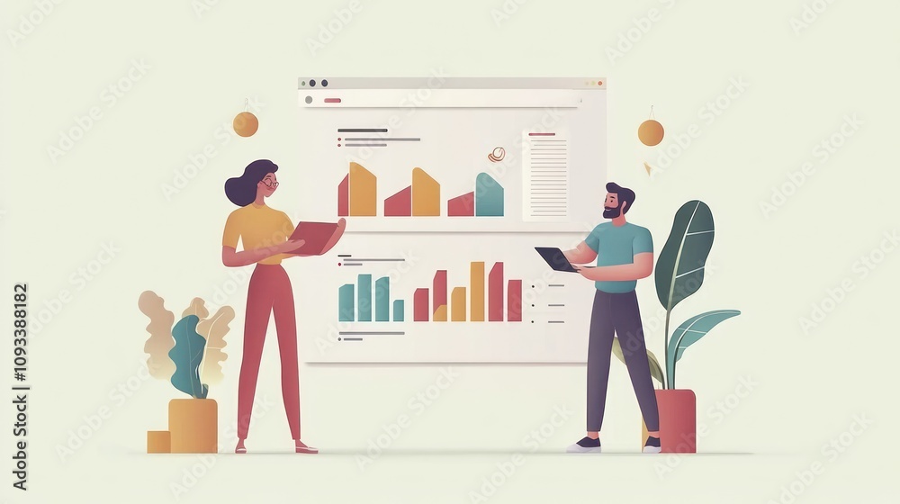 Poster colleagues analyze data charts graphs together