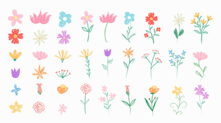 Flower Crayon fun cute kid colorful doodle set badge, scribble line pencil, charcoal background. Hand drawn doodle sketch childish element set. Floral flowers element childlike