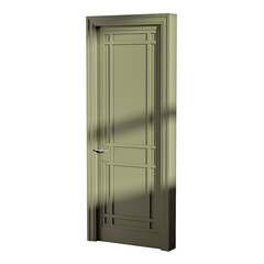A large green door with a silver handle and a silver knob