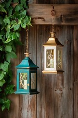 Charming Hanging Lanterns: Vintage Decor with Green and Gold Accents for Rustic and Cozy Home Ambiance