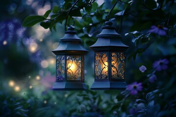 Charming Outdoor Lanterns Glowing in Twilight: A Serene Garden Atmosphere with Warm Light and Lush Greenery for Relaxation and Inspiration
