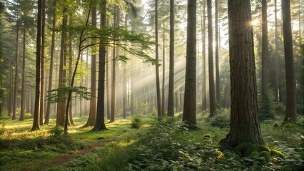 Fototapeta premium Soft focus captures the serene beauty of a forest illuminated by dappled sunlight, natural light, soft focus effect, peaceful atmosphere, leafy branches