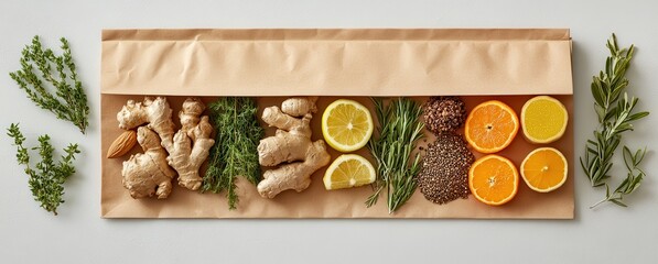 Fresh Ingredients and Herbs Arrangement on Natural Paper with Ginger, Citrus Fruits, Nuts, and Spices Highlighting Organic Culinary Elements for Healthy Cooking
