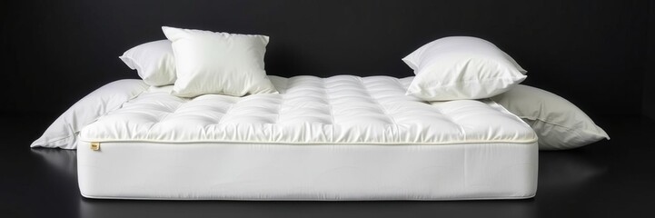 Soft plush white mattress on a dark black background with a scattered few pillows and a calming bedding set, white mattress, soft bedding