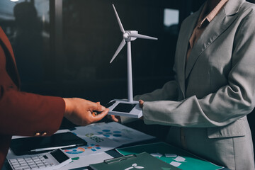 Carbon offset price report CO2 emission. Future growth Net zero waste in ESG ethical SME office protect climate change global warming social issues project. Group of asia people Eco friendly SDGs plan