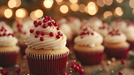 Warmly lit close-up of a cupcake topper surrounded by rows of decorated cupcakes on a festive table