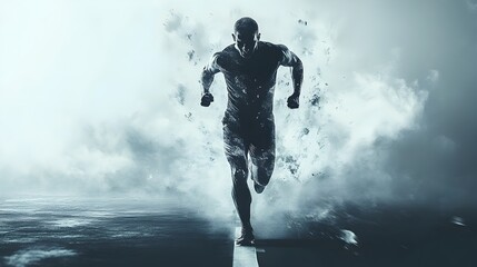 Dynamic athlete sprinting on water surface in ethereal atmosphere sports photography action-packed conceptual art