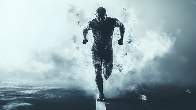 Dynamic athlete sprinting on water surface in ethereal atmosphere sports photography action-packed conceptual art