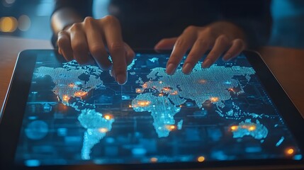 Interactive global mapping using technology digital tablet informative display modern workspace close-up view data visualization