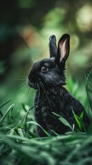 Obraz premium Cute black bunny sitting in grass with ears up looking away in soft sunlight on a grassy field