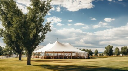 A serene outdoor wedding venue features a large tent among lush greenery under a wide blue sky, radiating peace and celebration.