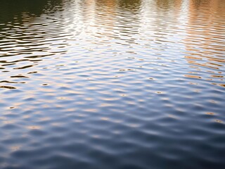 The surface of a calm lake or pond creates an illusion of orange-colored ripples as the surrounding environment reflects the changing light conditions, water reflection, natural scenery