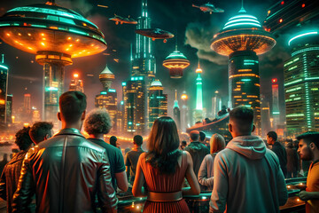 Obraz premium A vibrant futuristic city at night, with glowing neon skyscrapers, flying cars, holographic advertisements,