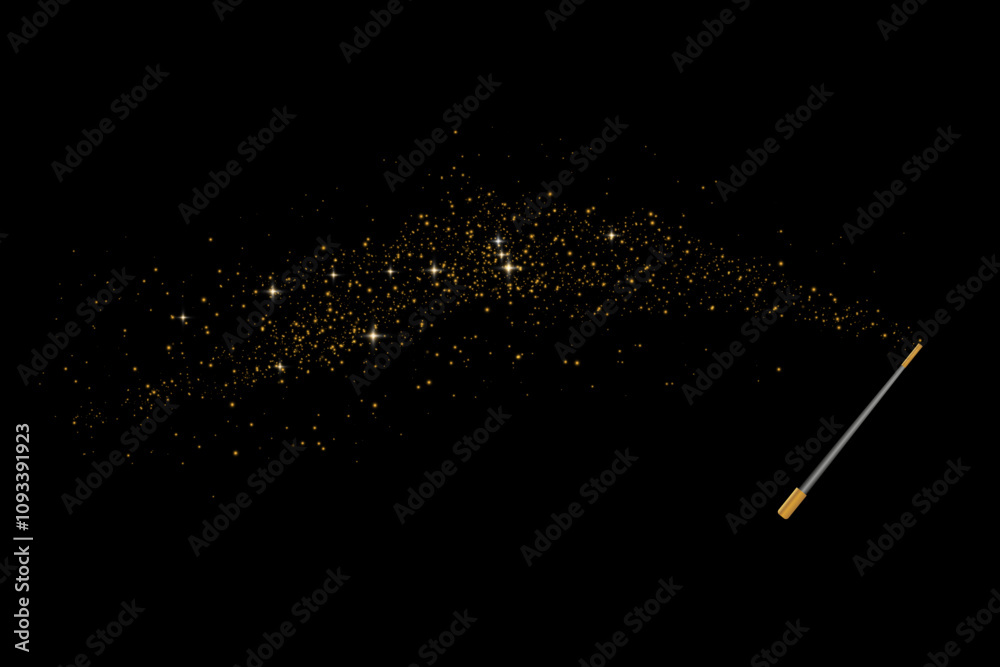 Poster magic wand with golden swirl and sparkles isolated on transparent background. the magic scepter with