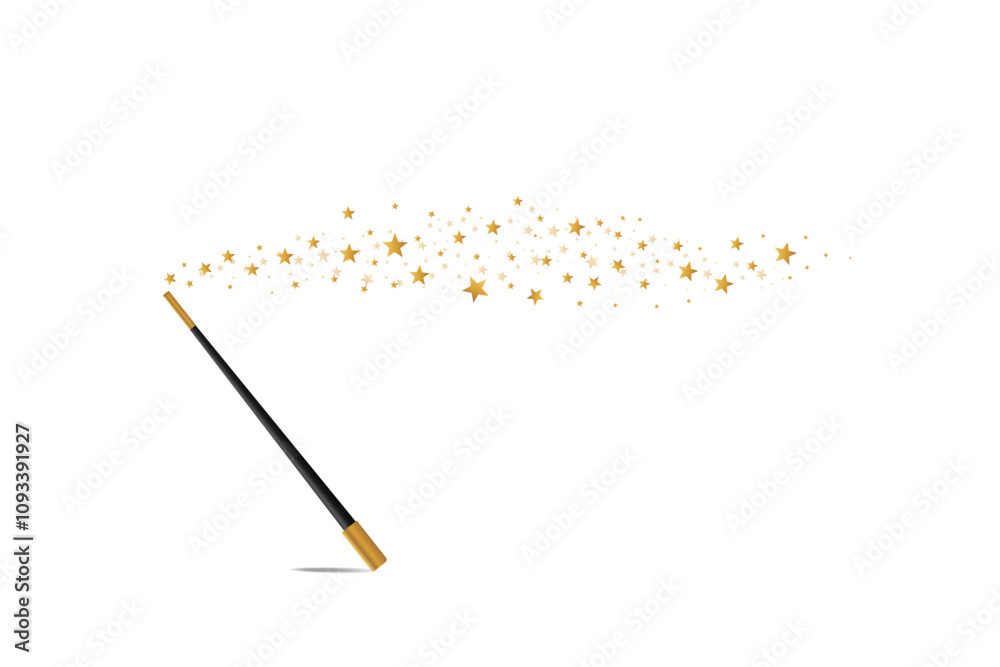 Poster magic wand with a stars on transparent background. trace of gold dust. magic abstract background iso
