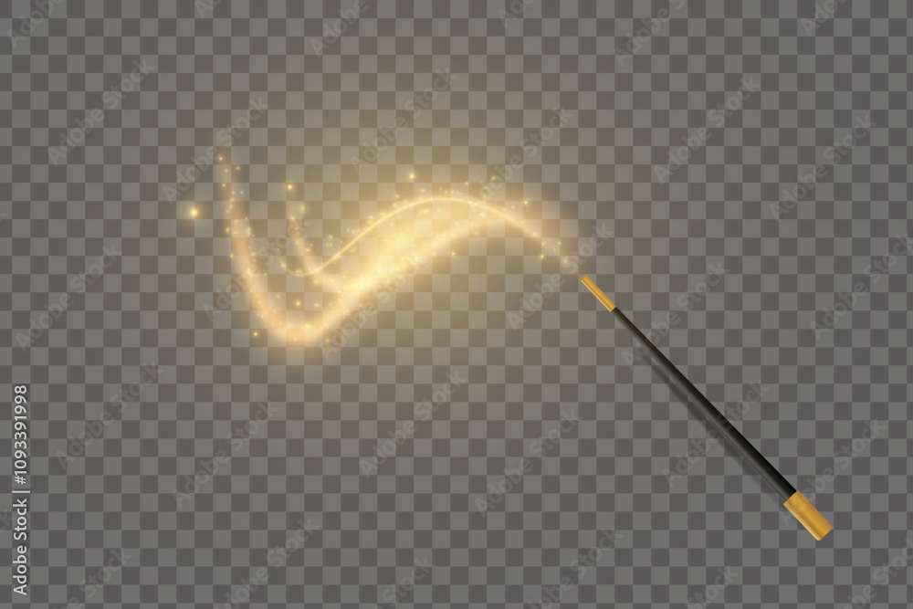 Poster Magic wand with golden swirl and sparkles isolated on transparent background. The magic scepter with stardust trail.
