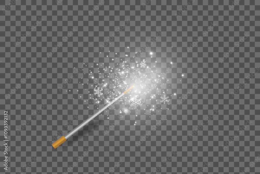 Poster Magic wand with golden swirl and sparkles isolated on transparent background. The magic scepter with stardust trail.