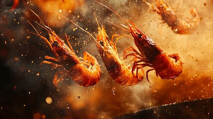 Dramatic shot of golden-brown fried prawns flying mid-air from a sizzling frying pan