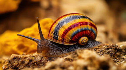 Vibrant snails traverse colorful wet leaves in a lush forest environment during early morning