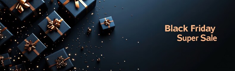 Black friday super sale banner with black background and gifts adorned with golden ribbons and sparkling confetti, featuring elegant text for holiday shopping promotions