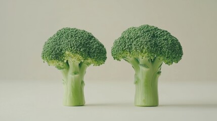 Two broccoli heads on a neutral background.